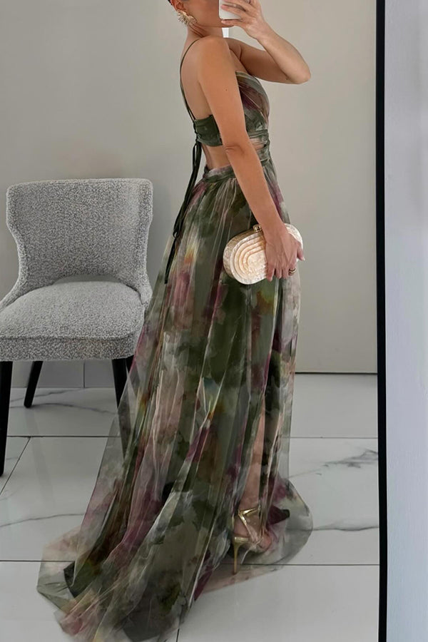 Eirith - Elegant Printed Lace-Up Maxi Dress